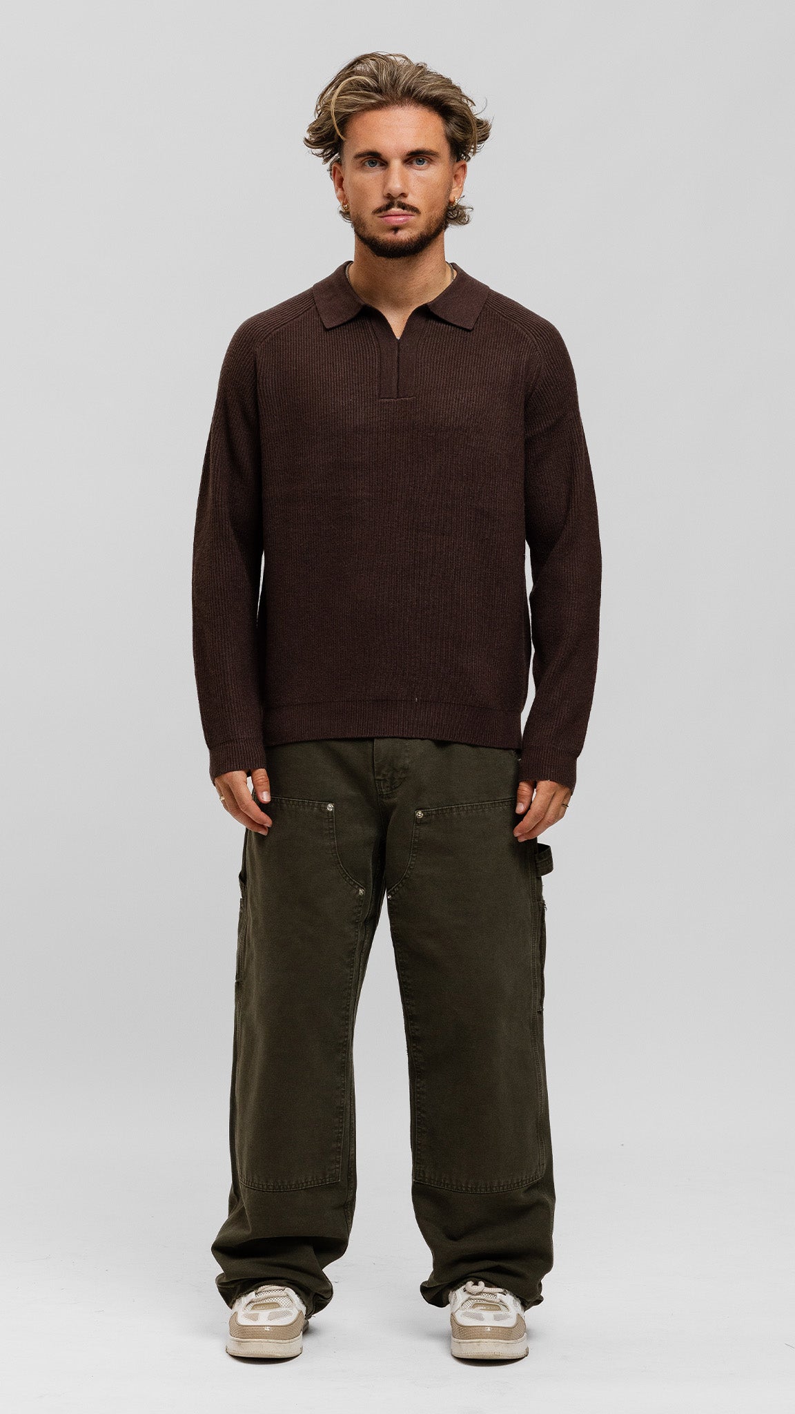 Ribbed Knit Polo - Brown