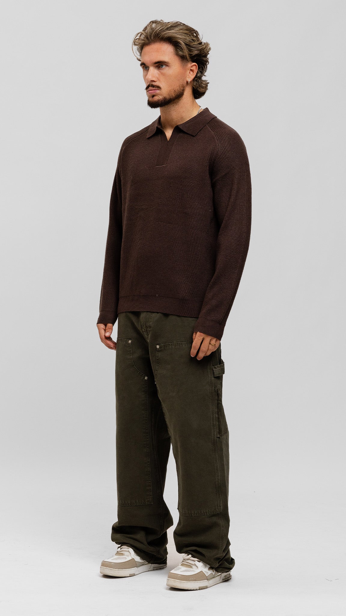 Ribbed Knit Polo - Brown